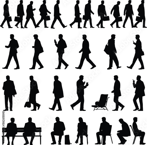 business,people,silhouettes,walking,standing,sitting,men,professionals,office,workers,commuting,urban,lifestyle,briefcase,smartphone,isolated,white,background,corporate,collection