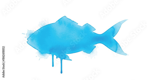 Blue watercolor silhouette of a fish with paint drips on white background