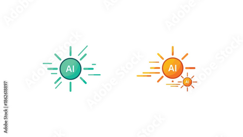Comparing two distinct artificial intelligence concepts represented by stylized sun icons labeled a and b illustrating different facets of machine learning progress