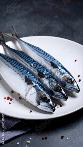 Three whole fish, with silver sides and dark stripes, are arranged on a white plate. Garnished with salt and pepper on a dark backdrop