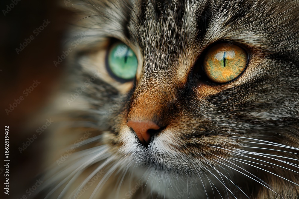 Fototapeta premium Realistic portrayal of a cat showcasing striking multicolored eyes captured in soft natural light during late afternoon hours in a cozy indoor setting