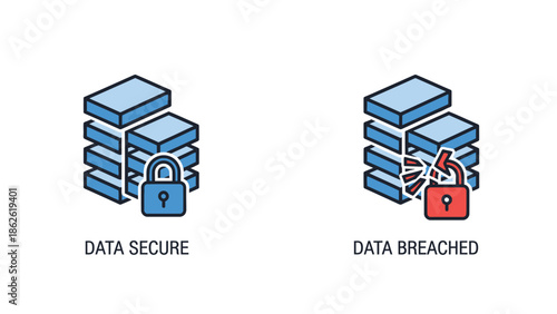 Visual comparison illustrating the difference between secure data storage with a locked icon versus a data breach alert showing a broken lock symbol next to data stacks