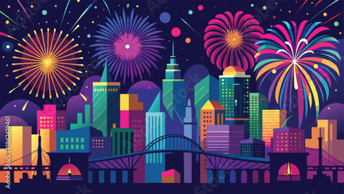 Night sky filled with colorful fireworks above a city skyline, illustrated in a striking vector design..eps
