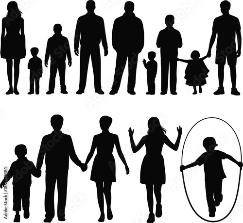 Silhouettes of family groups, children and adults, black shadows, interaction, posture diversity, relationships, play, bonding, parenting, togetherness