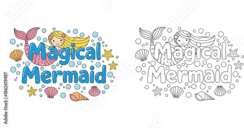 Cute magical mermaid vector illustration with coloring page outline, cartoon sea character with shells and bubbles for kids t-shirt print or nursery decor