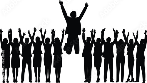 Business silhouettes celebrating success, teamwork, achievement, corporate joy, unity, motivation, leadership, jumping pose, raised arms, group celebration, energy