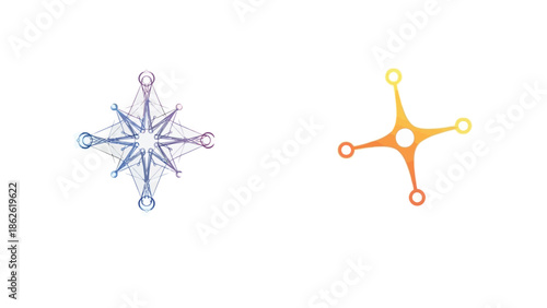 Abstract geometric icons representing data networks or complex molecular structures with contrasting color gradients