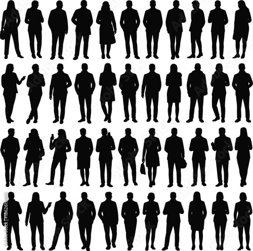 Business silhouette collection, professional poses, diverse attire, standing figures, vector illustration, corporate team, workplace diversity, gesture icons, black profile, group