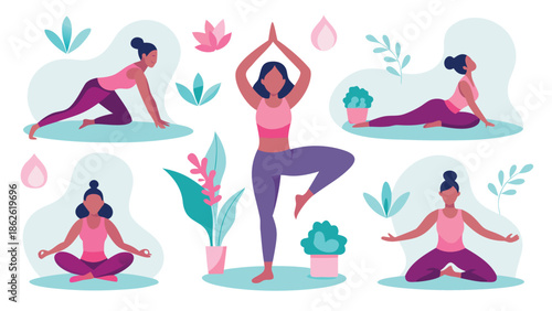 An illustration showing several beginner yoga poses, including downward dog and child's pose, for easy practice..eps