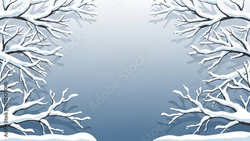 Snow covered tree branches framing a winter landscape ideal for seasonal greetings and nature-themed backgrounds