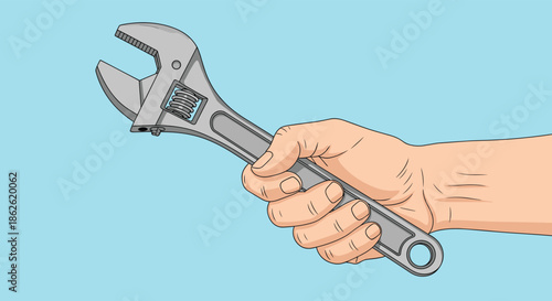 Close-up view of the hand of a person firmly holding a large adjustable metal wrench against a clear blue background for maintenance work.