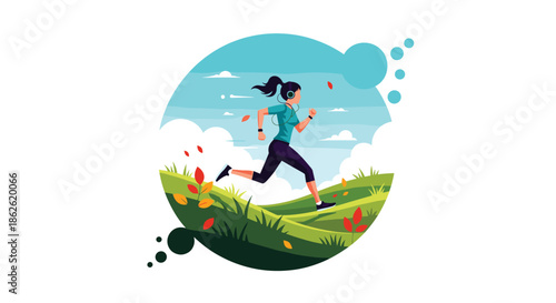 Active young woman jogging through a scenic green rolling landscape with falling autumn leaves under a bright sky, emphasizing a healthy outdoor life.