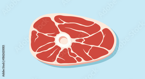 Realistic illustration of a fresh raw beef steak with a central bone, showing natural marbling and rich red color on a light blue background for food.