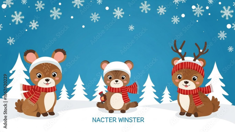 Obraz premium Cute cartoon bears in winter hats and scarves with snowflakes and pine trees perfect for holiday greeting cards and childrens book illustrations
