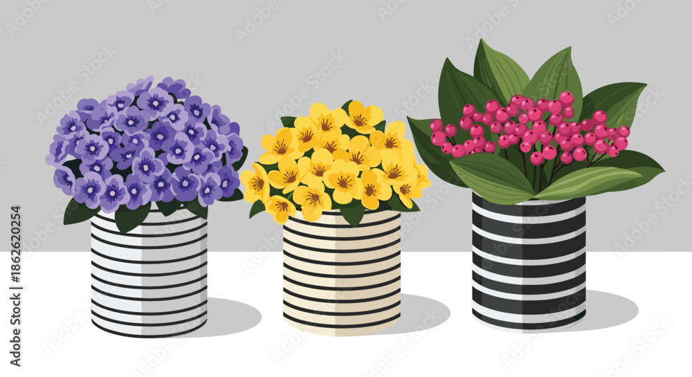 Obraz premium Three decorative black and white striped pots holding different types of purple, yellow, and red flowers with green leaves on a grey background.
