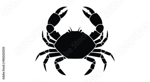 Solid black silhouette of a large crab showing its powerful claws and many legs against a plain white background for marine and seafood themes.
