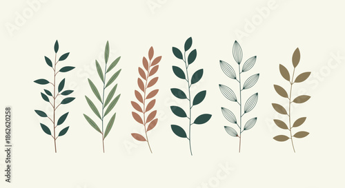 Set of six different botanical leaf branches in various colors like green, brown, and red on a cream background for nature-themed designs.