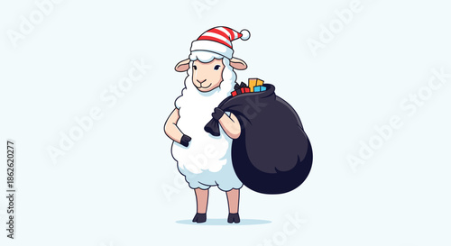 Cute Christmas character featuring a fluffy white sheep wearing a red striped Santa hat and carrying a large black sack full of colorful gift boxes.
