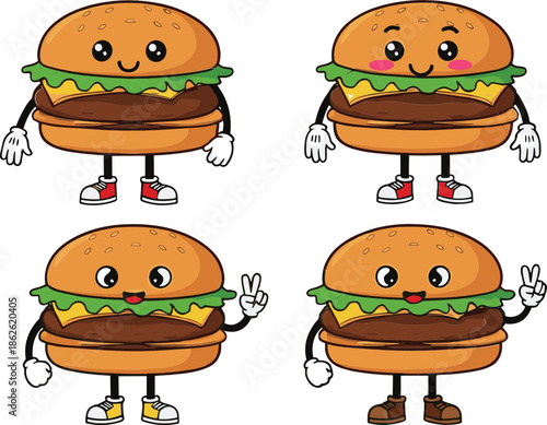 Cute burger mascot cartoon vector illustration set with smiling fast food characters in playful style
