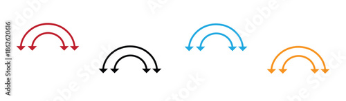 Colorful curved arrows pointing down.  curved downward arrow silhouette icon. Dual double ended semi circle arrow. Semicircular round long two sided arrow. Vector illustration.