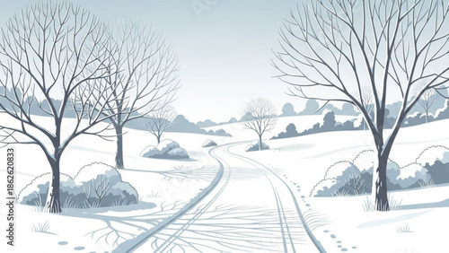Winter landscape with a snowy road winding through bare trees and rolling hills a serene countryside scene for seasonal greetings and nature themes