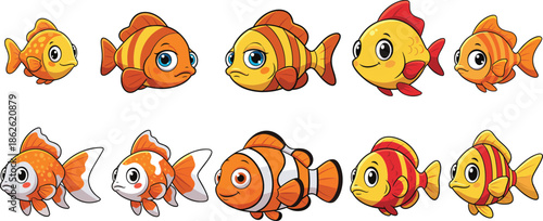 Cute cartoon fish vector illustration set with colorful tropical aquarium characters in playful flat style