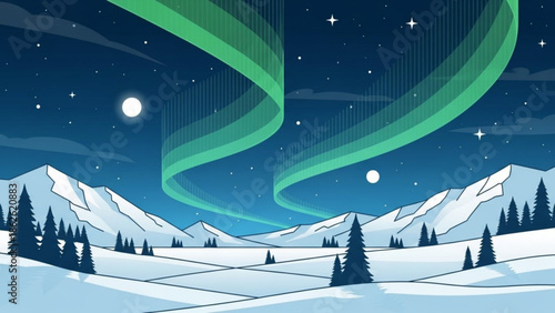 Vibrant green aurora borealis over snow-covered mountains and pine trees a stunning natural landscape illustration for winter travel and arctic exploration concepts