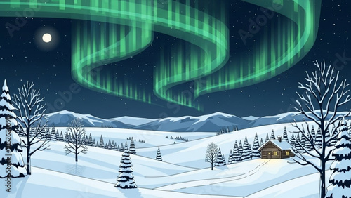 Vibrant green aurora borealis over a snowy winter landscape with a small cabin perfect for holiday and nature themes