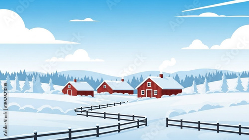Winter landscape with red houses and snow-covered trees a serene countryside scene for holiday or seasonal themes vector illustration