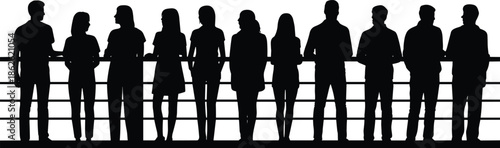 Silhouette of eleven people, standing on balcony, casual posture, diverse group, black shadows, social moment, urban style, observation scene