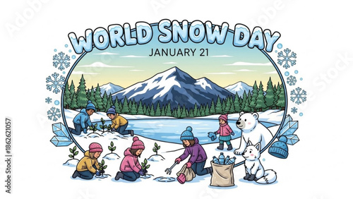 World Snow Day illustration with children planting trees and polar bears celebrating winter fun on January 21st with a snowy mountain landscape
