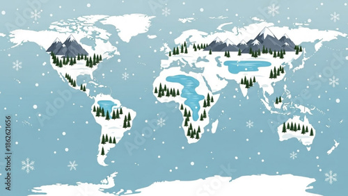 World map illustration with winter landscapes showing snowy mountains and forests across continents ideal for climate and travel concepts