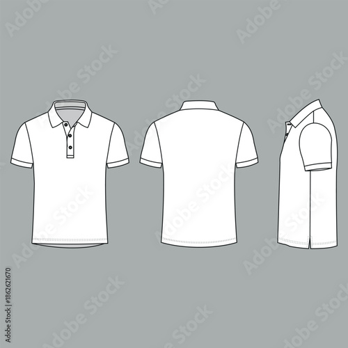 Vector illustration of a white polo shirt in three views front back and side