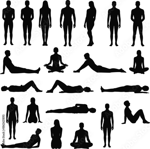 human,body,silhouettes,standing,sitting,lying,yoga,meditation,resting,poses,people,figure,collection,fitness,exercise,relax,stretch,isolated,white,background