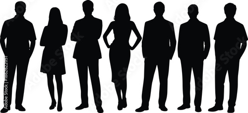 Standing silhouette group, diverse posture, black profile, formal and casual attire, gesture icon, vector illustration, identity concept, people design