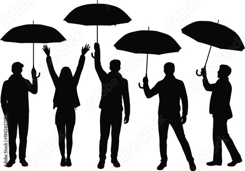Business people holding umbrellas silhouette, teamwork support protection concept, group unity success, standing together under rain safety illustration