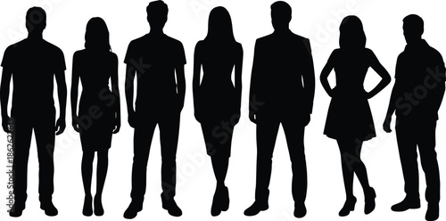Silhouettes of diverse people standing, casual and formal attire, posture, group identity, fashion, unity, presence, style, expression, diversity