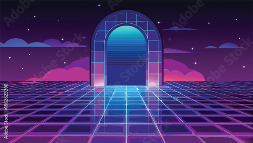 Retro 80s neon backdrop with a door, showcasing vivid colors and a playful design..eps