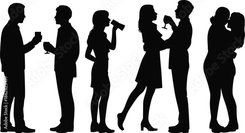 Couple silhouettes, social interaction, party moment, romantic gesture, wine glass pose, dancing pair, kissing scene, vector illustration, emotional connection, minimal design