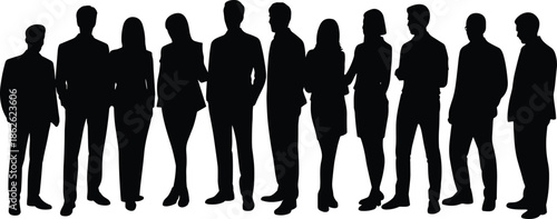 Business silhouette team, professional attire, corporate group, standing pose, vector illustration, workplace diversity, teamwork concept, leadership, unity, black profile