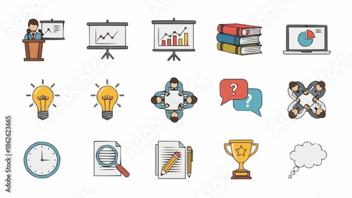 Collection of business and education related icons representing various concepts.