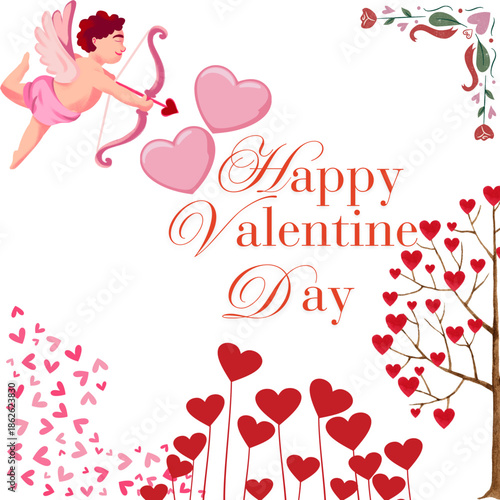 Happy Valentine's Day Greeting Card with Cute Cupid Character and Romantic Heart Tree Illustration