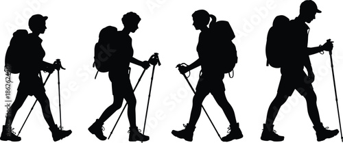 Hiking silhouettes, trekking people, outdoor activity, black vector, adventure pose, backpack gear, walking motion, minimal design, editable art, nature concept