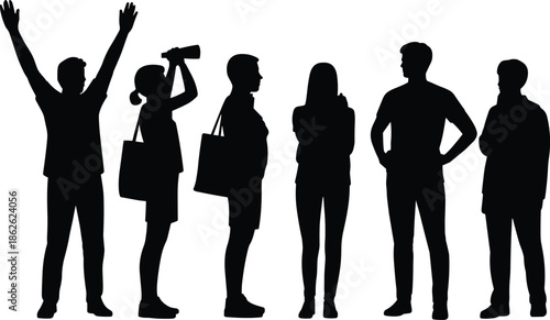 Silhouette posture set, expressive gesture, black profile, casual stance, thinking pose, vector illustration, identity concept, action icon, design