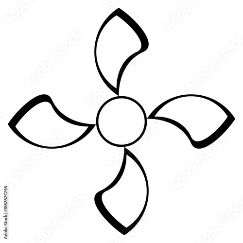 Stylized black and white line art icon of a four-bladed fan or propeller, representing technology and cooling.