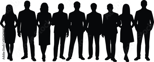 Business silhouette group, professional attire, black profile, corporate posture, vector illustration, workplace diversity, identity concept, team icon