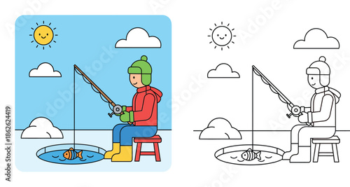 Ice fishing coloring book page vector illustration featuring a happy fisherman sitting on a stool catching a fish in winter, with a colored example and black and white outline for kids.