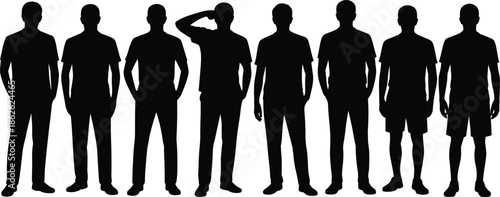Male silhouette group, casual attire, black profile, shorts and pants, saluting gesture, vector illustration, posture variety, identity concept, icon