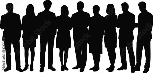 Business silhouettes, corporate team, professional attire, workplace diversity, unity, teamwork, standing group, office people, leadership, collaboration, success