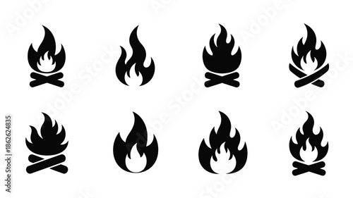 Collection of black flame designs with crossed logs a striking silhouette